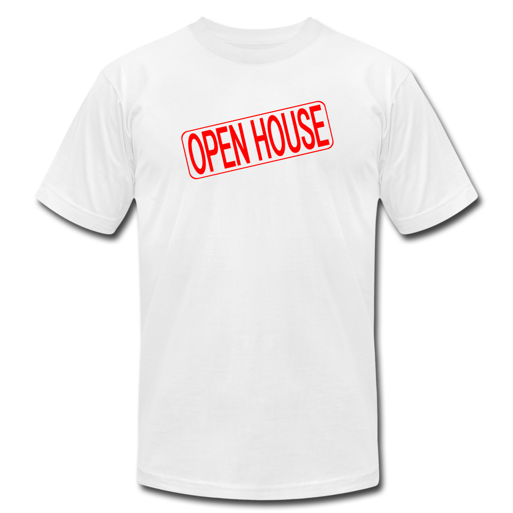 OPEN HOUSE Real Estate Sign Rider Unisex Jersey T-Shirt by Bella + Canvas - white