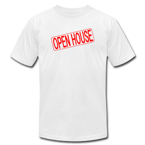 OPEN HOUSE Real Estate Sign Rider Unisex Jersey T-Shirt by Bella + Canvas - white