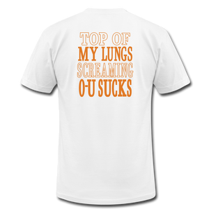 Texas Fight Front OU SUCKS Rear Shirt Unisex Jersey T-Shirt by Bella + Canvas - white