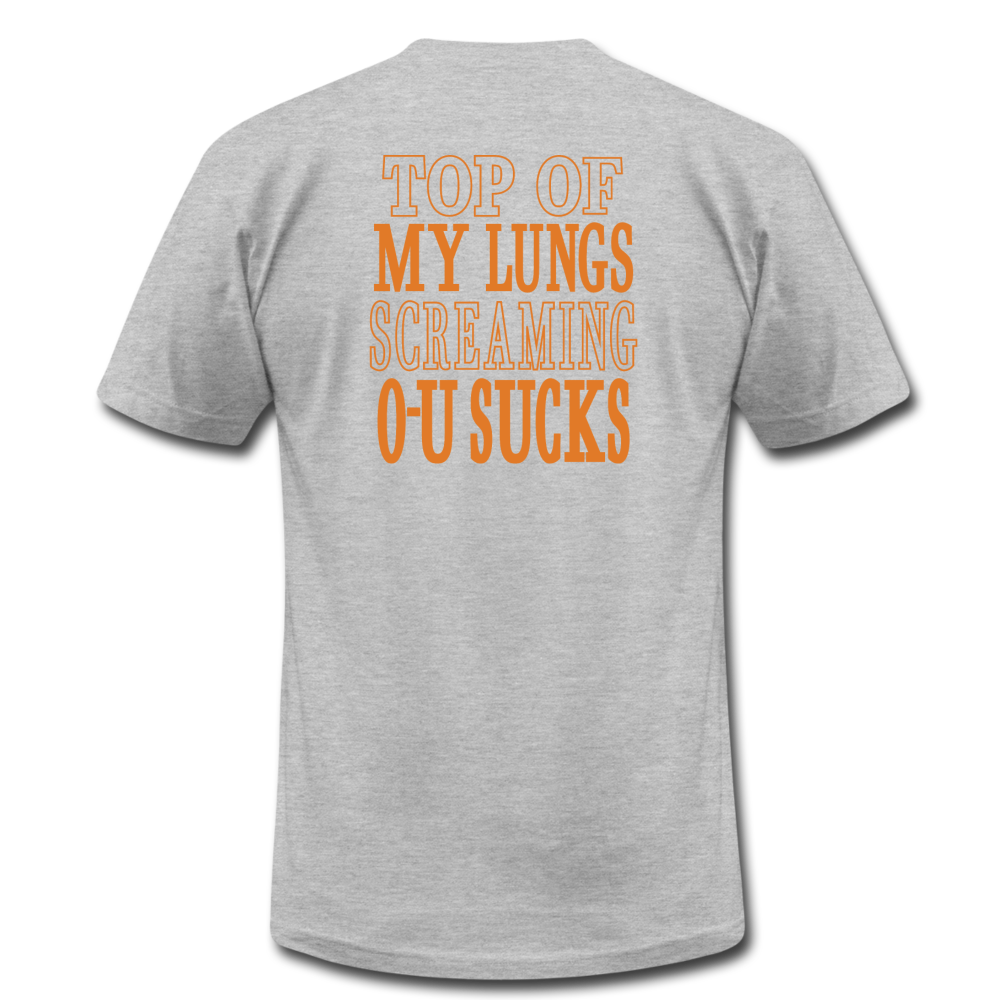 Texas Fight Front OU SUCKS Rear Shirt Unisex Jersey T-Shirt by Bella + Canvas - heather gray