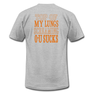 Texas Fight Front OU SUCKS Rear Shirt Unisex Jersey T-Shirt by Bella + Canvas - heather gray